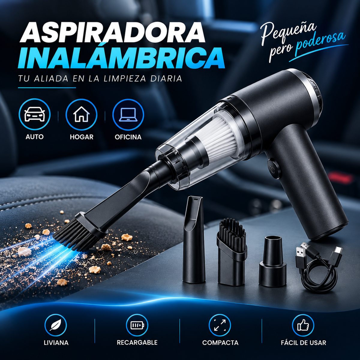 ASPIRADORA DE MANO 3 EN 1 PORTATIL Y RECARGABLE