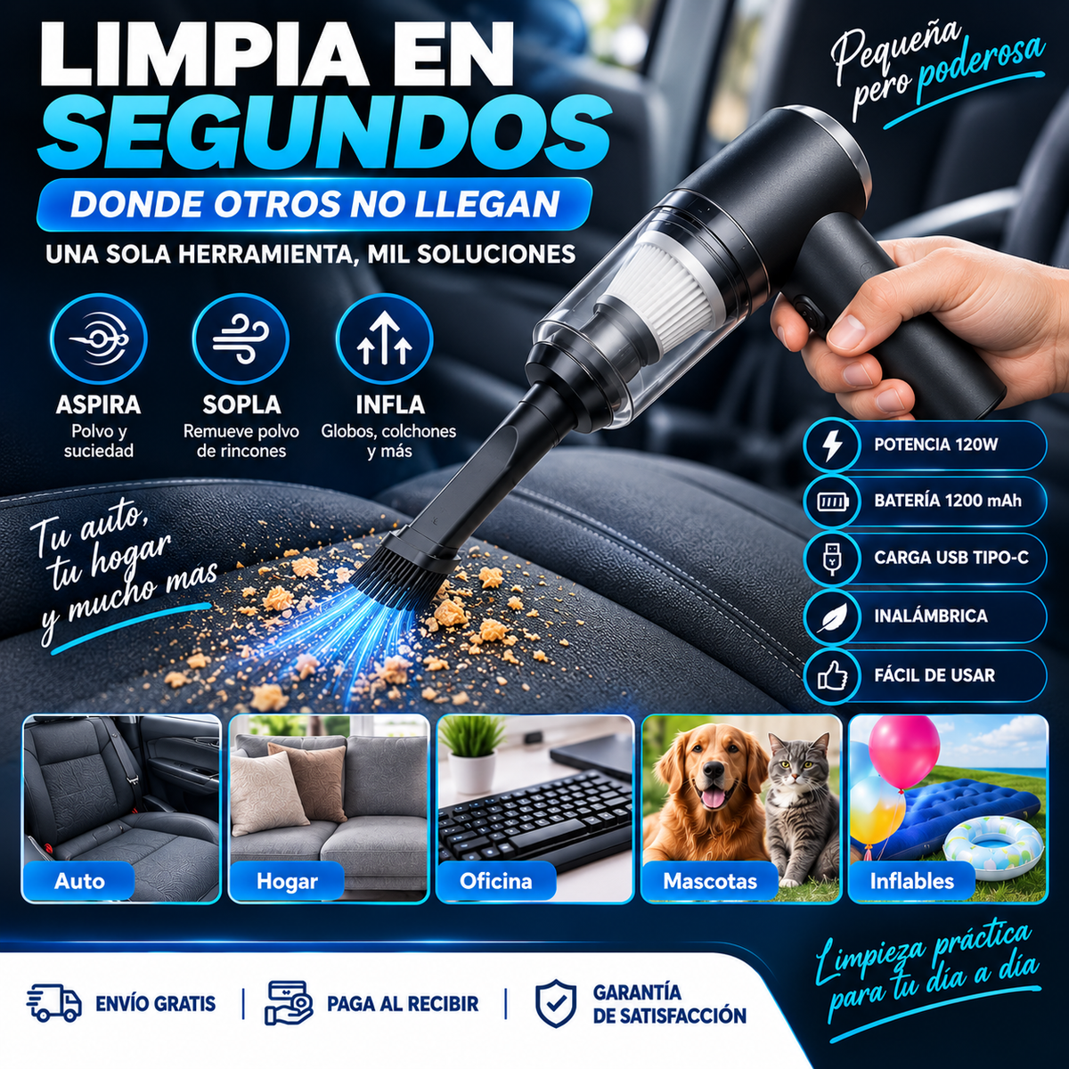 ASPIRADORA DE MANO 3 EN 1 PORTATIL Y RECARGABLE